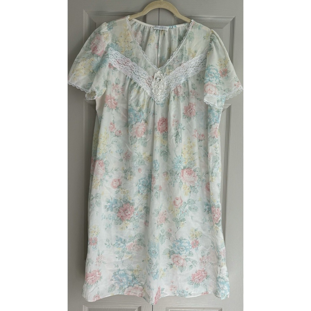 Vintage Miss Elaine Floral Short Sleeve Night Gown Sleep Dress Size XLarge ILGWU